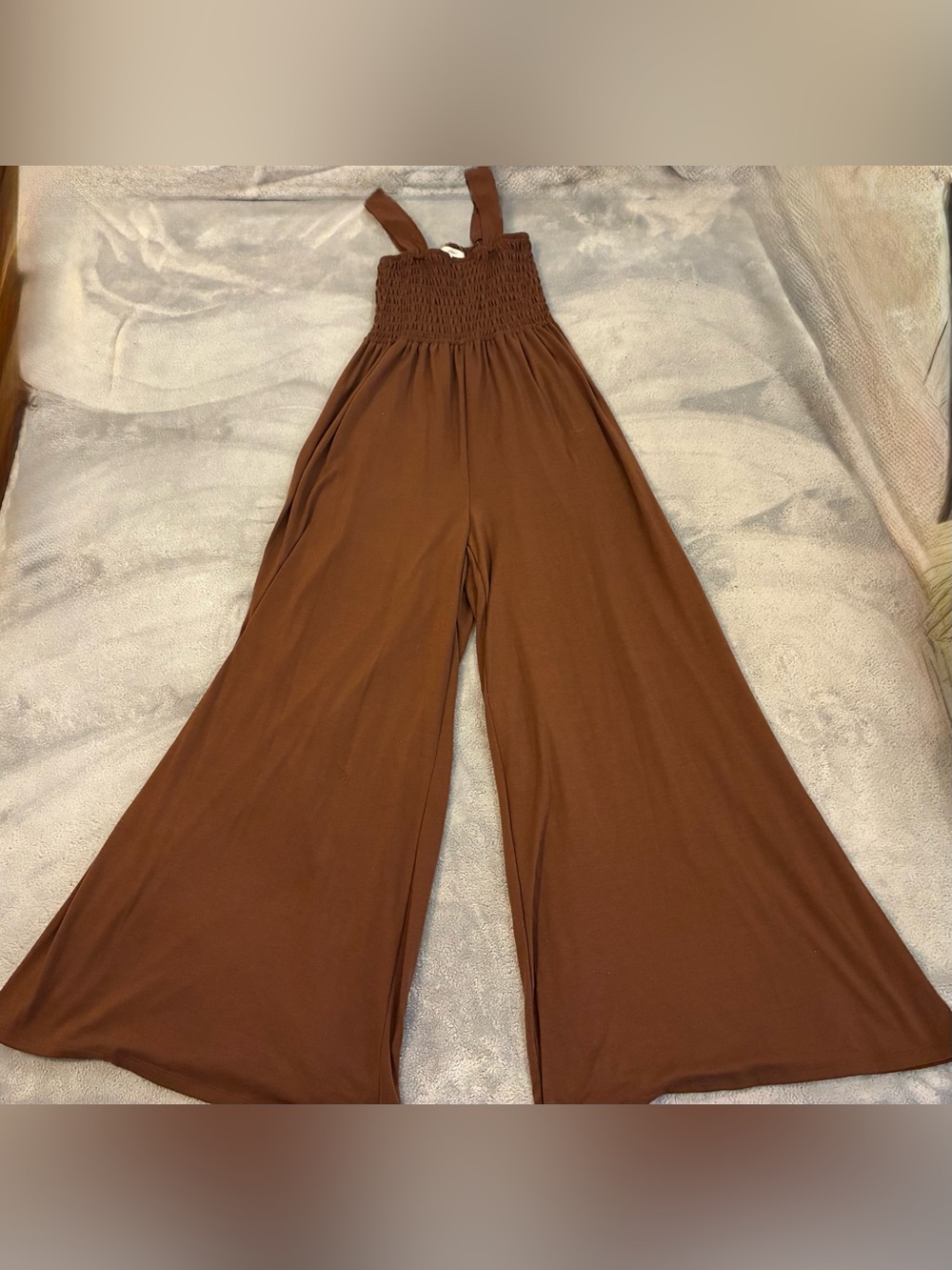 Women’s No Comment Brand Smocked Wide-Leg Jumpsuit - Brown Size Medium